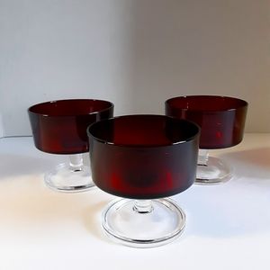 3 Ruby Red Champagne Glasses Vintage Goblets Luminarc France